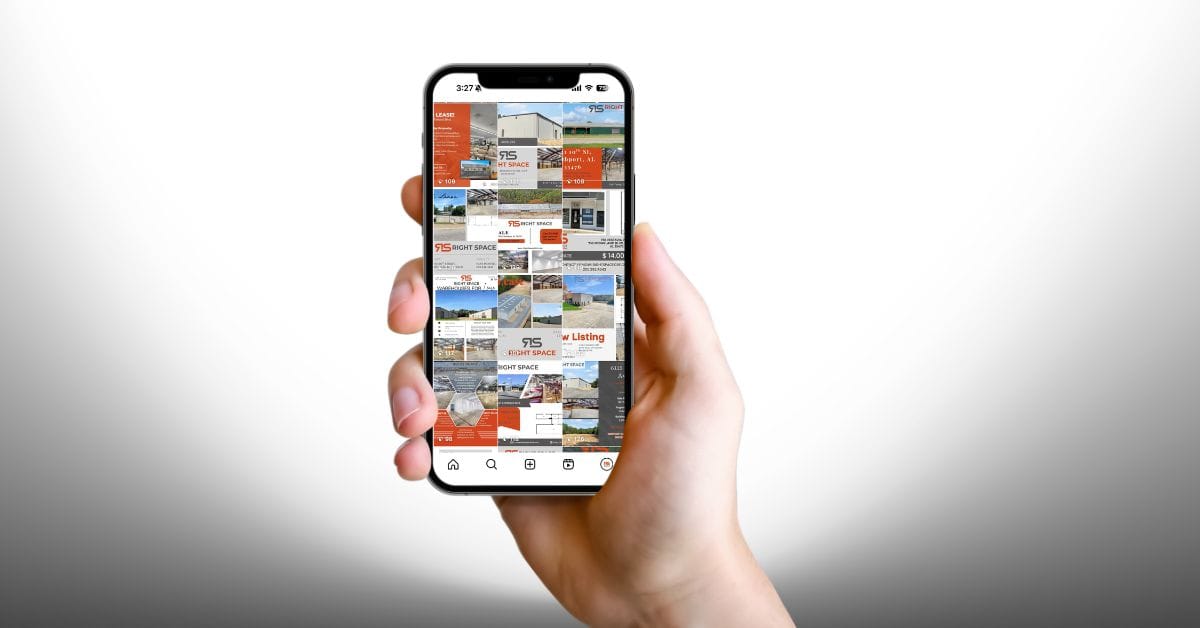 A hand holding a phone with several social posts about commercial listings on it.